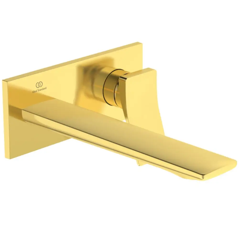 Wand-Waschtischarmatur in glänzendem Goldfinish, mit eckiger Rosette und langer Auslauföffnung; Hersteller: Ideal Standard.